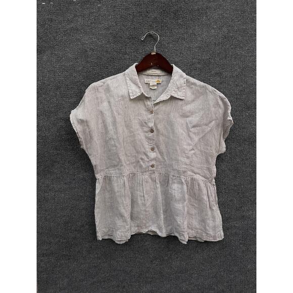 C&C California Shirt Womens Small White Black Striped Linen Peplum Short Sleeve - Picture 1 of 7
